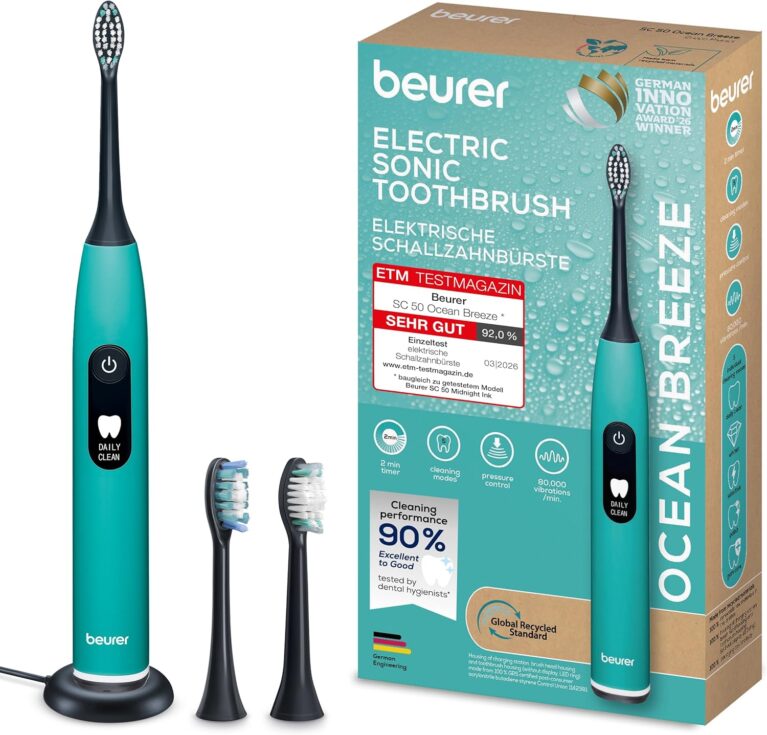 Beurer SC 50 Schallzahnbürste, elektrische Zahnbürste mit 5 Putzmodi & Drucksensor, 80.000 Vibrationen, Display mit Putzzeitanzeige, inklusive 2 Ersatzzahnbürstenköpfe (Ocean Breeze)