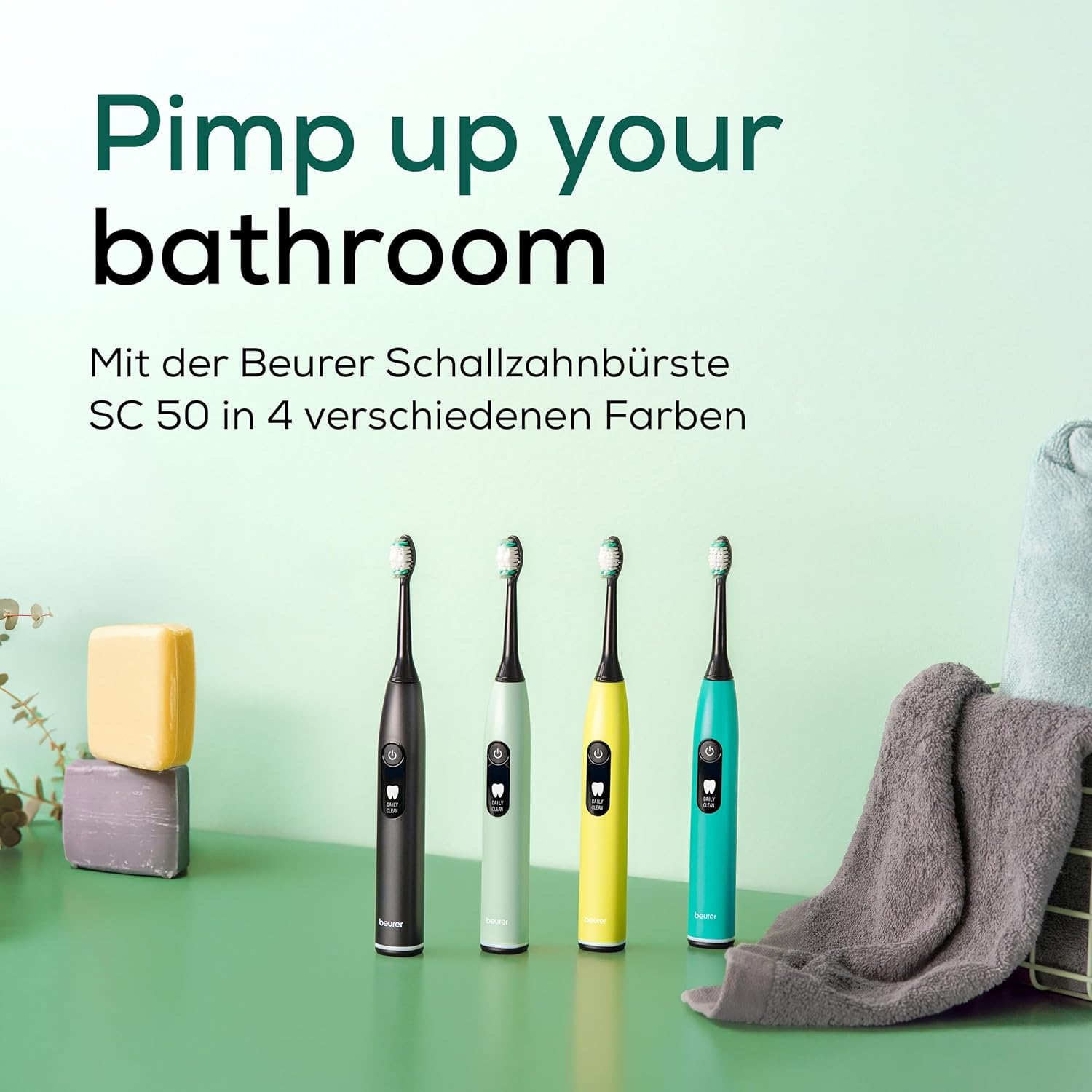 Beurer SC 50 Schallzahnbürste, elektrische Zahnbürste mit 5 Reinigungsmodi & Drucksensor, 80.000 Vibrationen, Display mit Putzzeitanzeige, inklusive 2 Ersatzzahnbürstenköpfe (Splashy Lemon) – Bild 8