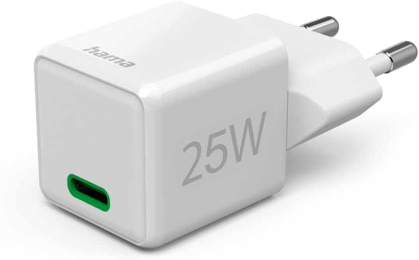 Hama Schnellladegerät mit USB-C, unterstützt Power Delivery und Qualcomm Quick Charge, 25 W, Super-Mini-Größe, 2,9 x 2,75 x 2,75 cm, ideal für Samsung – Weiß