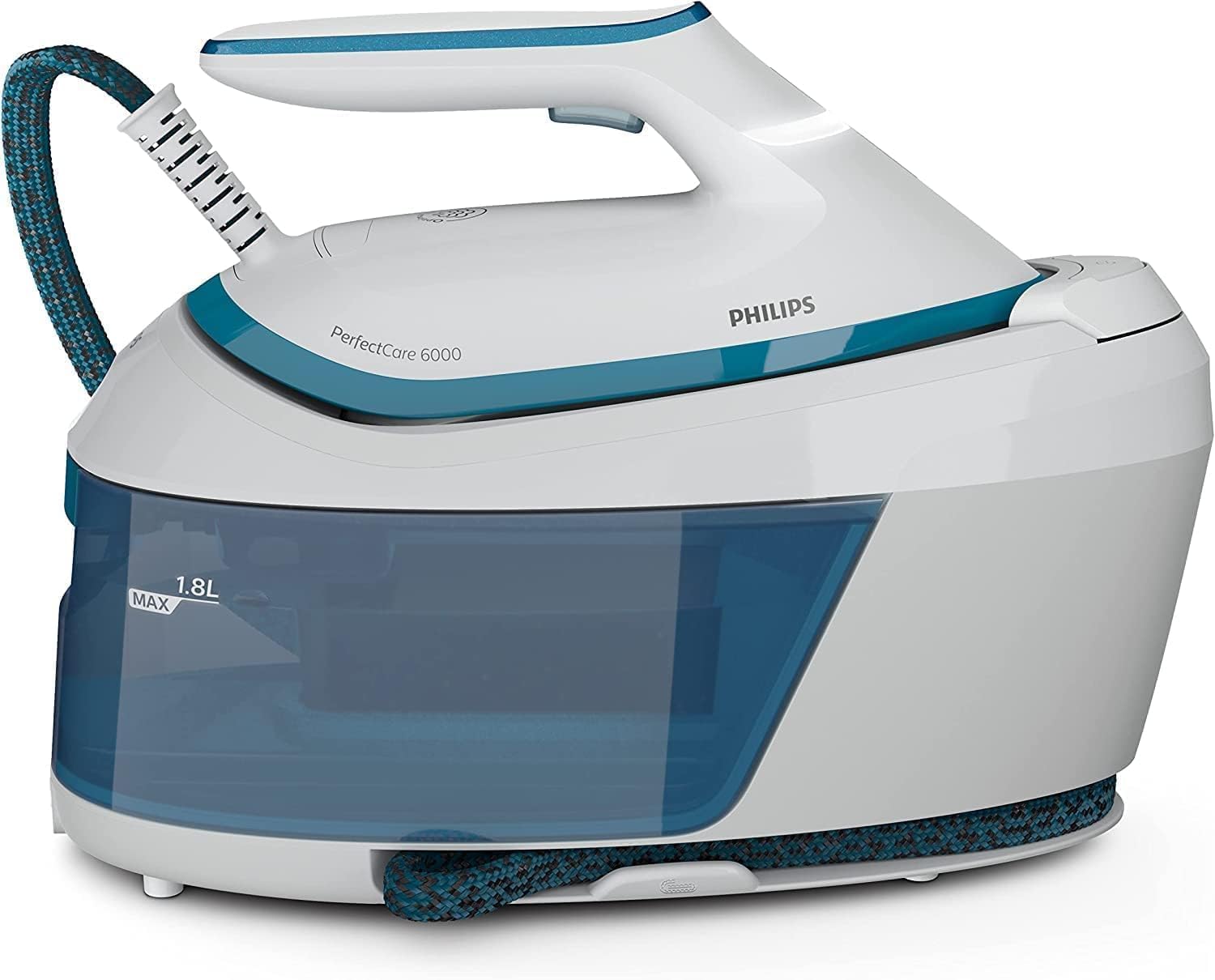 Philips PerfectCare 6000 Series Dampfgenerator, 2400 W, 500 g Dampfstoß, 6,5 Bar Druck, OptimalTEMP-Technologie, 1,8 Liter Tank, Weiß/Blau (PSG6022/20)