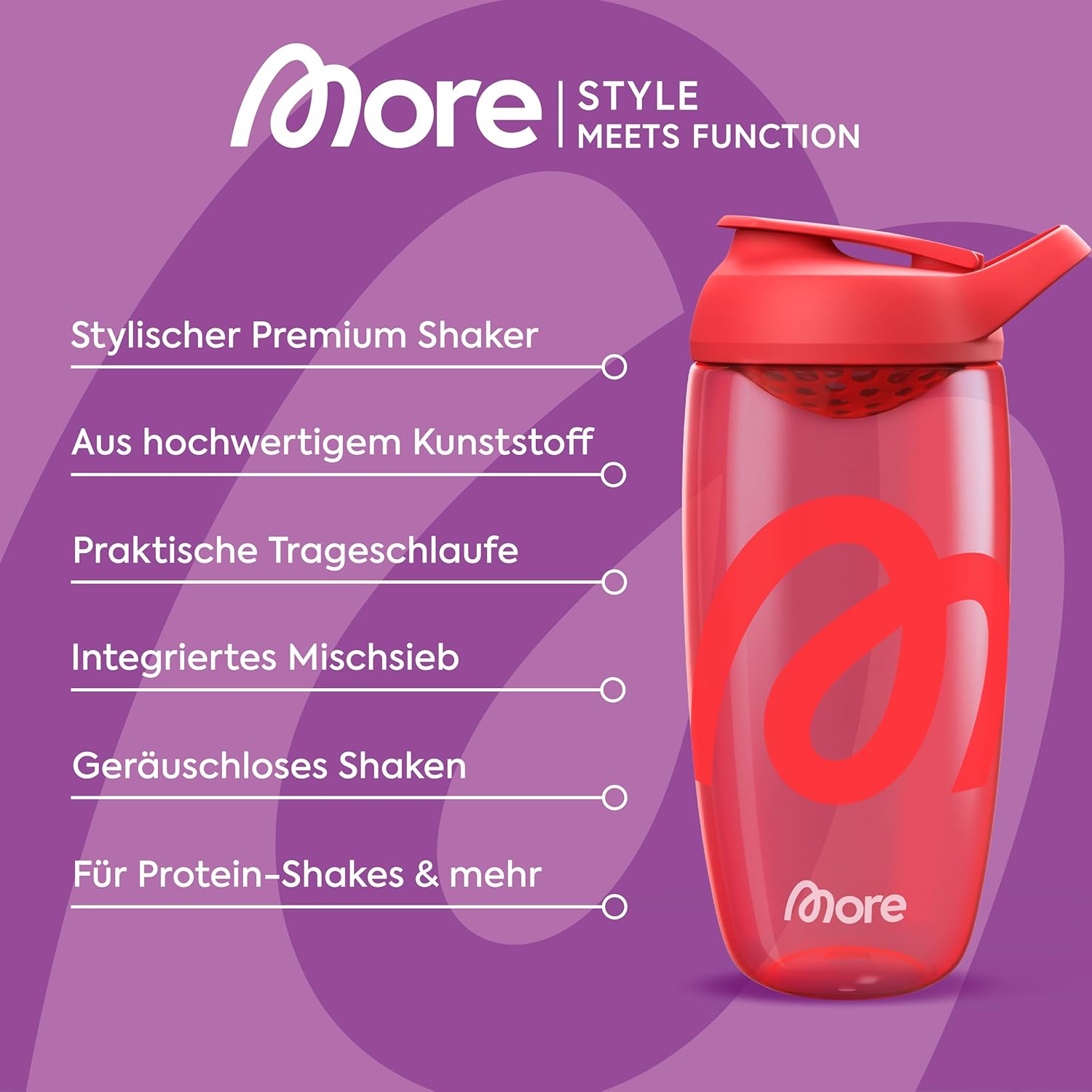 MORE Premium-Shaker, 700 ml, rot, integriertes Rührsieb und Trageschlaufe, geräuschlos, aus hochwertigem Ecozen-Kunststoff – Bild 3