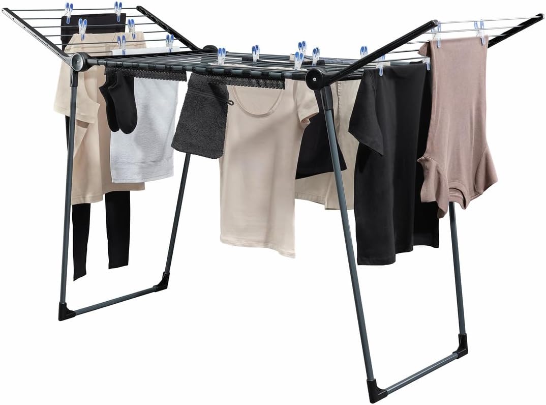Leifheit Pegasus 180 Solid Black Wäscheständer mit Flügeln für lange Kleidungsstücke, stabiler Wäscheständer für den Innen- und Außenbereich, Wäscheecke im modernen Design