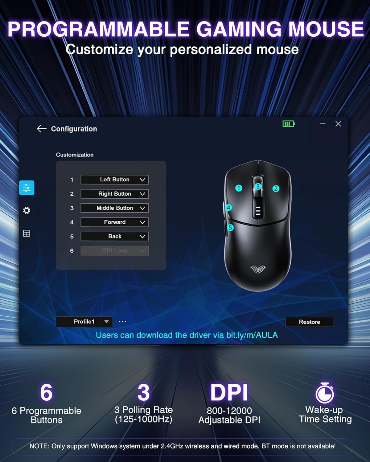 AULA SC580 Kabellose Gaming-Maus, 2,4 GHz/USB-C/BT Kabellose Gaming-Maus, 12000 DPI, 6 programmierbare Tasten, kabellose Maus für PC/Mac-Gamer (lila) – Bild 5