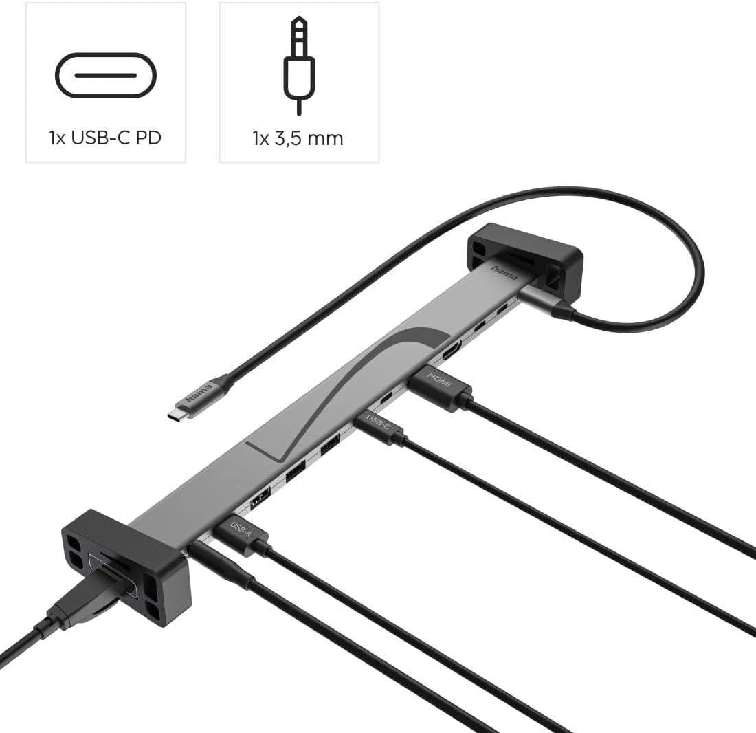 Hama USB-C-Dockingstation, 12 Anschlüsse (4 x USB A, 2 x USB C Daten, 1 x Monitor + Daten, 1 x Strom, 2 x HDMI, LAN/Ethernet, 3,5 mm Audio/AUX, MST, 4K, für Monitor, Festplatte etc.) – Bild 2