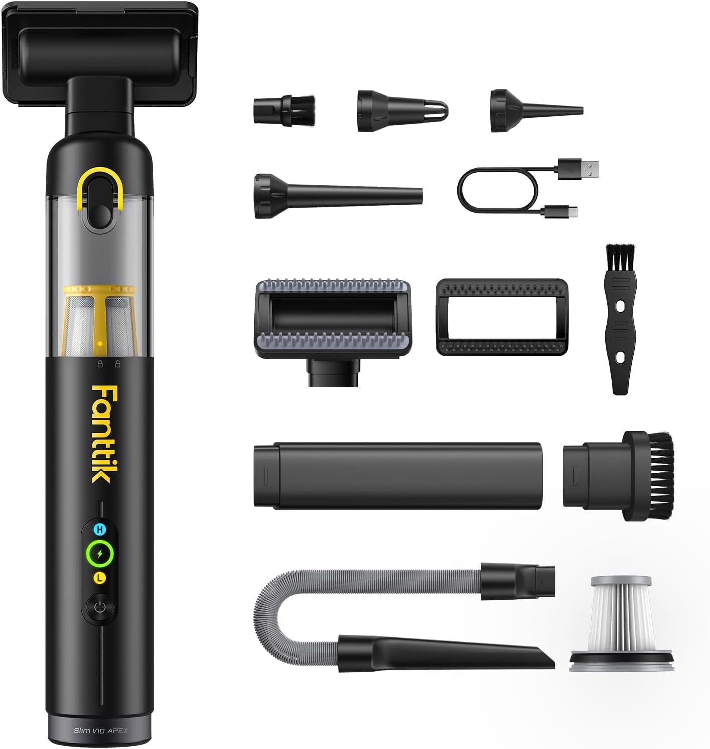 Fanttik Slim V10 APEX kabelloser 4-in-1-Auto- und tragbarer Mini-Handstaubsauger, 19 kPa Saugleistung, intelligentes Digitaldisplay, 2 Saugmodi für kleine Reinigungsarbeiten, Auto, Bürotisch, Tastaturen (schwarz)