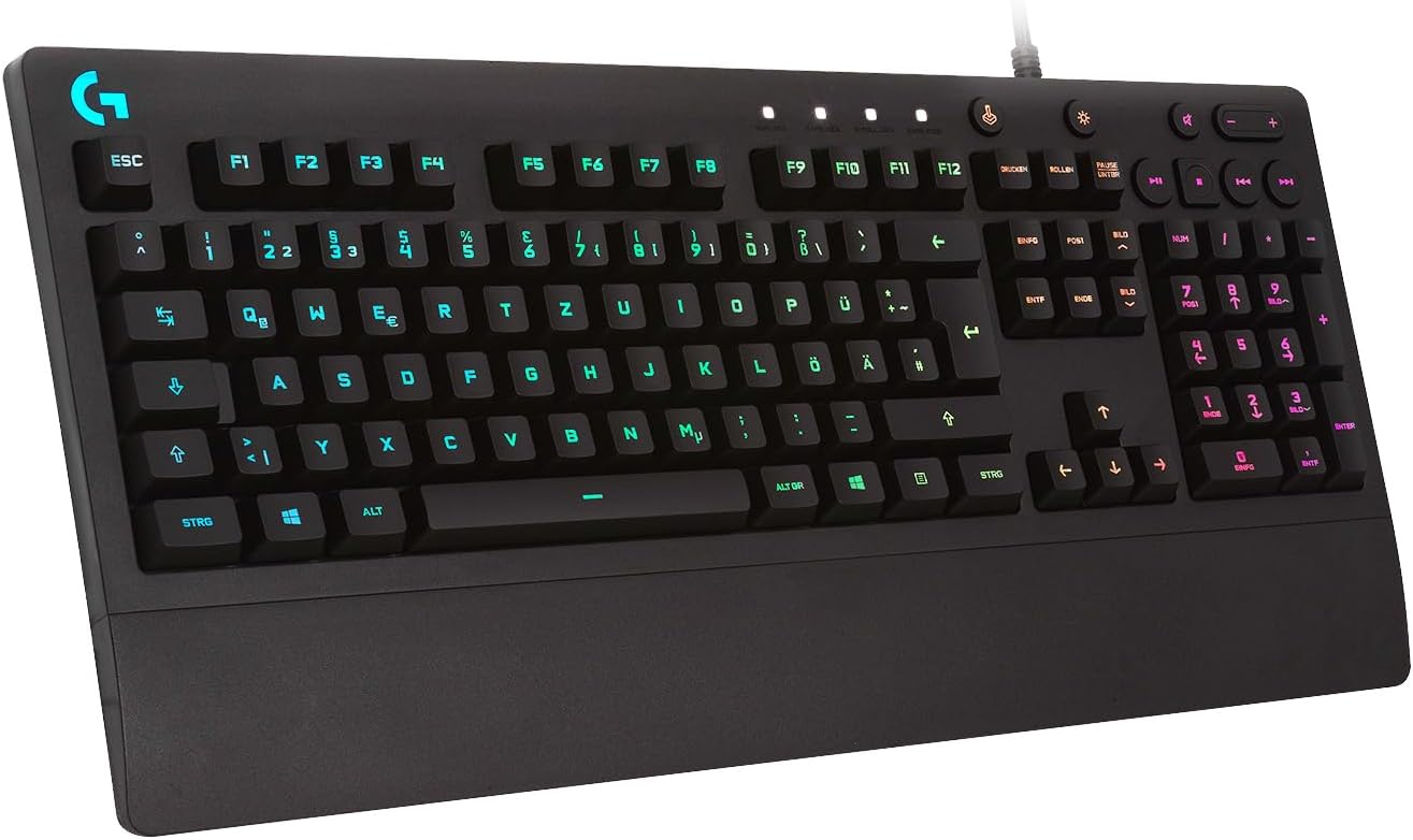 Logitech G213 Gaming Keyboard Prodigy, RGB-Beleuchtung, programmierbare G-Tasten, Multimedia-Bedienelemente, integrierte Handballenauflage, spritzwassergeschützt, deutsches QWERTZ-Layout, Schwarz