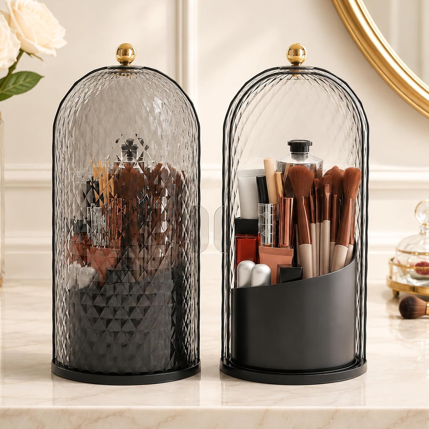 FAVORTALK Make-up-Pinselhalter mit Deckel, 360° drehbarer Make-up-Organizer, Make-up-Pinsel-Organizer, drehbarer Kosmetikpinselhalter, Make-up-Pinsel-Organizer für Schminktisch (schwarz)