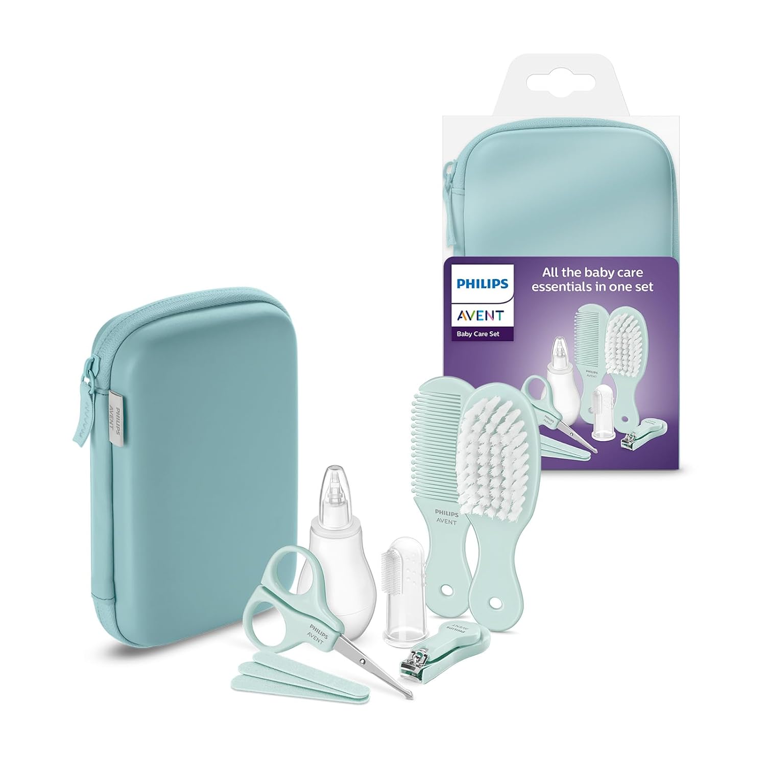 Philips AVENT Baby Care Kit – Starter-Set mit 9 Zubehörteilen: Nagelknipser, Schere, 3 Nagelfeilen, Kamm, Haarbürste, Nasensauger und Fingerzahnbürste (Modell SCH401/00)