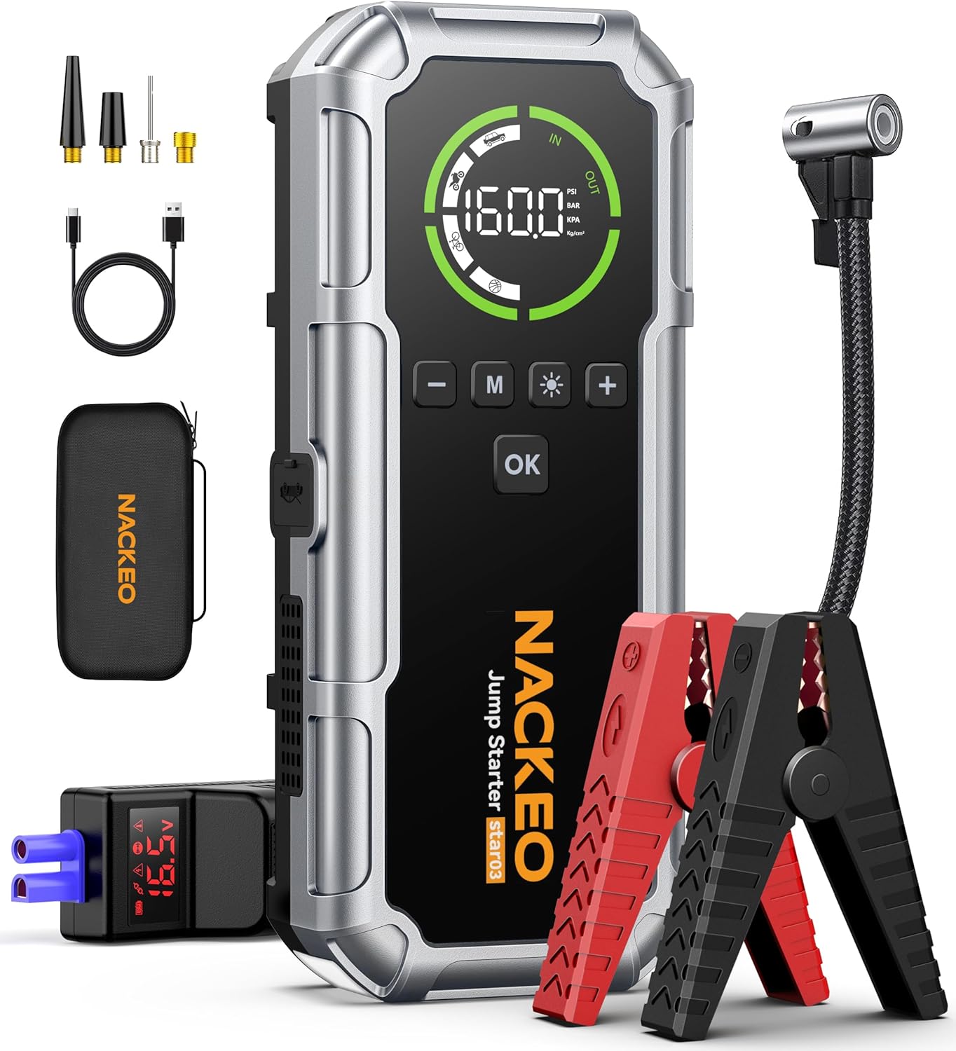 8000 A Starthilfe-Powerbank mit Kompressor 160 PSI, 12 V Auto-Starthilfe-Powerbank für alle Benziner und 12 l Diesel, 20000 mAh Starthilfe mit Starthilfekabel, 600 Lumen LED-Licht und LCD-Bildschirm