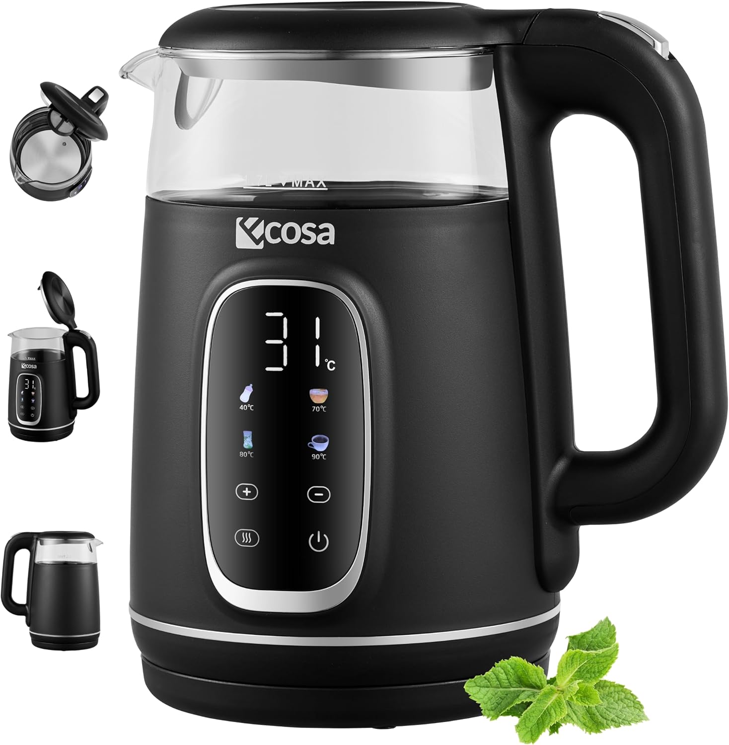 Ecosa Wasserkocher mit Temperatureinstellung, Glas, Edelstahl – Teebereiter – 1,7 Liter, 2.200 Watt – BPA-frei, mit Temperaturwahl 40 °C – 100 °C – Warmhaltefunktion, LED-Beleuchtung (Schwarze Perle)