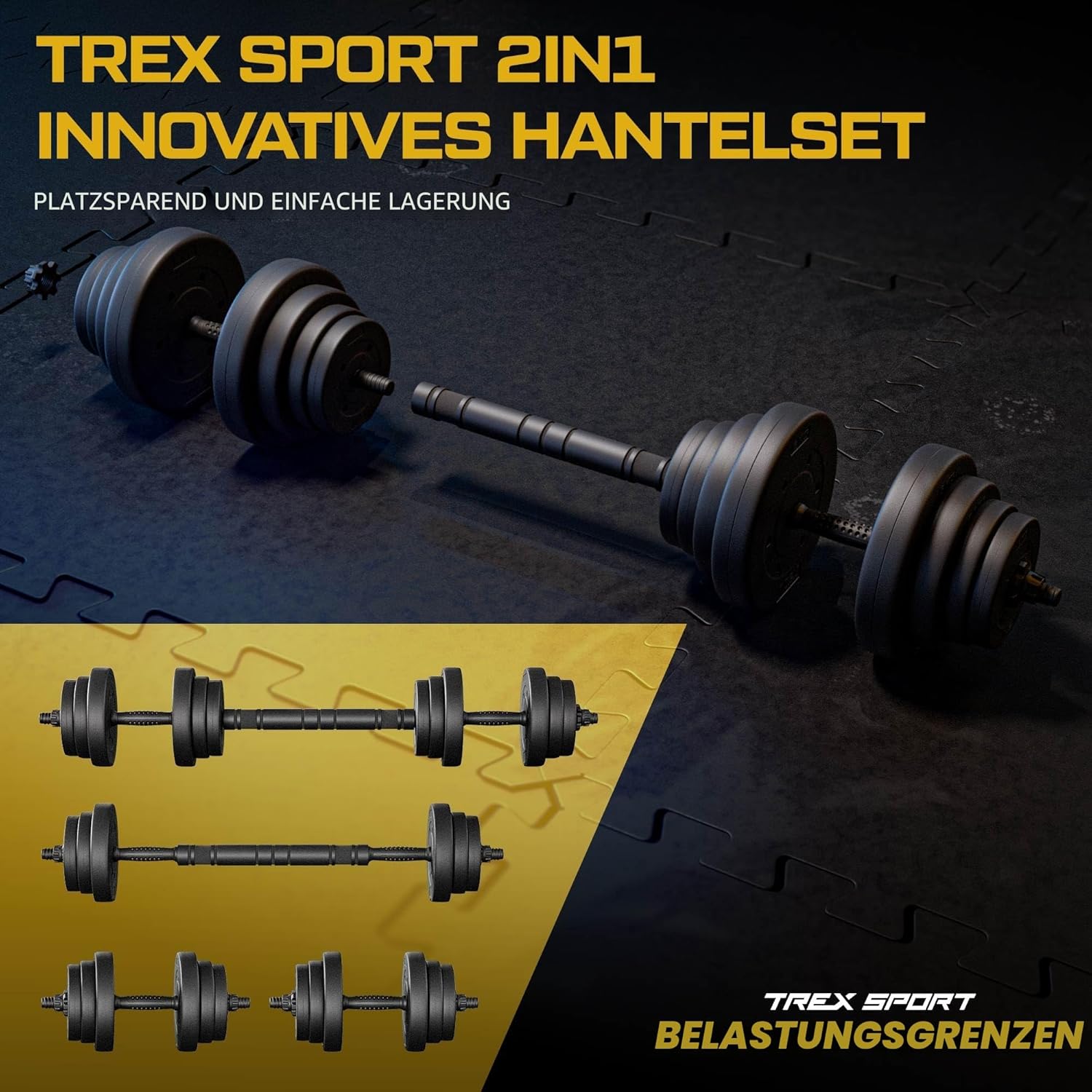 TREX SPORT Hanteln 2er Set Kurzhanteln & Langhantel | 20kg 40kg Hantelset | Kurzhanteln Set, Hanteln Set, Kurzhantel mit Verbindungsrohr & Langhantel, rutschfeste Griffe, robust – Bild 4