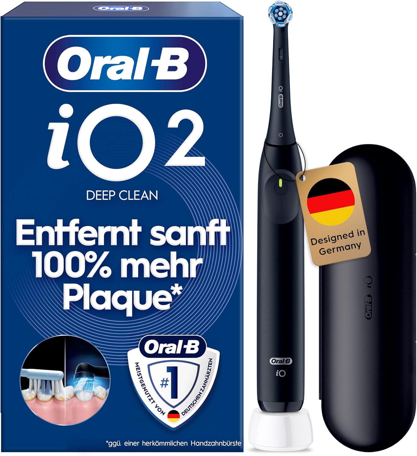 Oral-B iO Series 2 Elektrische Zahnbürste, 1 Zahnbürstenkopf, 3 Putzmodi für die Zahnpflege, Reiseetui, entworfen von Braun, Nachtschwarz