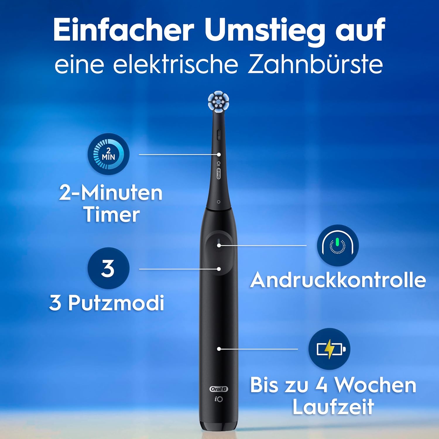Oral-B iO Series 2 Elektrische Zahnbürste, 1 Zahnbürstenkopf, 3 Putzmodi für die Zahnpflege, Reiseetui, entworfen von Braun, Nachtschwarz – Bild 3