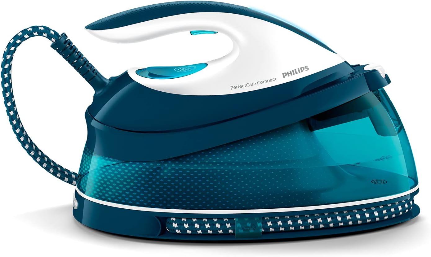 Philips Domestic Appliances Perfect Care Kompakt-Dampfbügeleisen, OptimalTemp-Technologie, 120 g/min Dauerdampf, 2400 W, 6,5 Bar Druck, 1,5 Liter Wassertank, SteamGlide-Bügelsohle, Blau (GC7844/20)