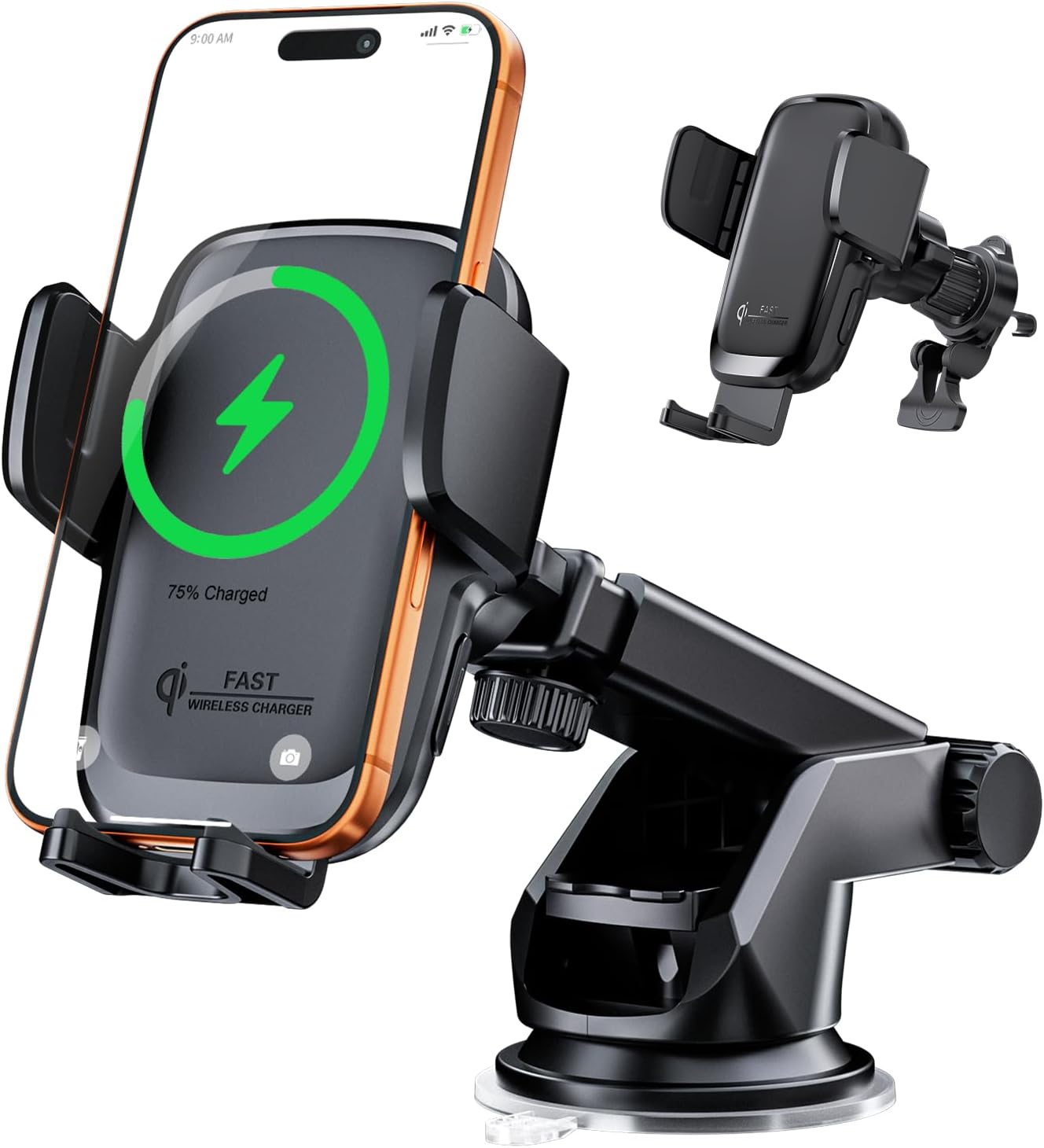 KPON 15W Qi Handyhalterung Auto mit Ladefunktion, Induktive Ladestation Auto mit Saugnapf und Clip, Automatische Klemmung Auto Wireless Charger für iPhone 17/16/15/14/13, Samsung (Ohne Zigarettenanzünder)