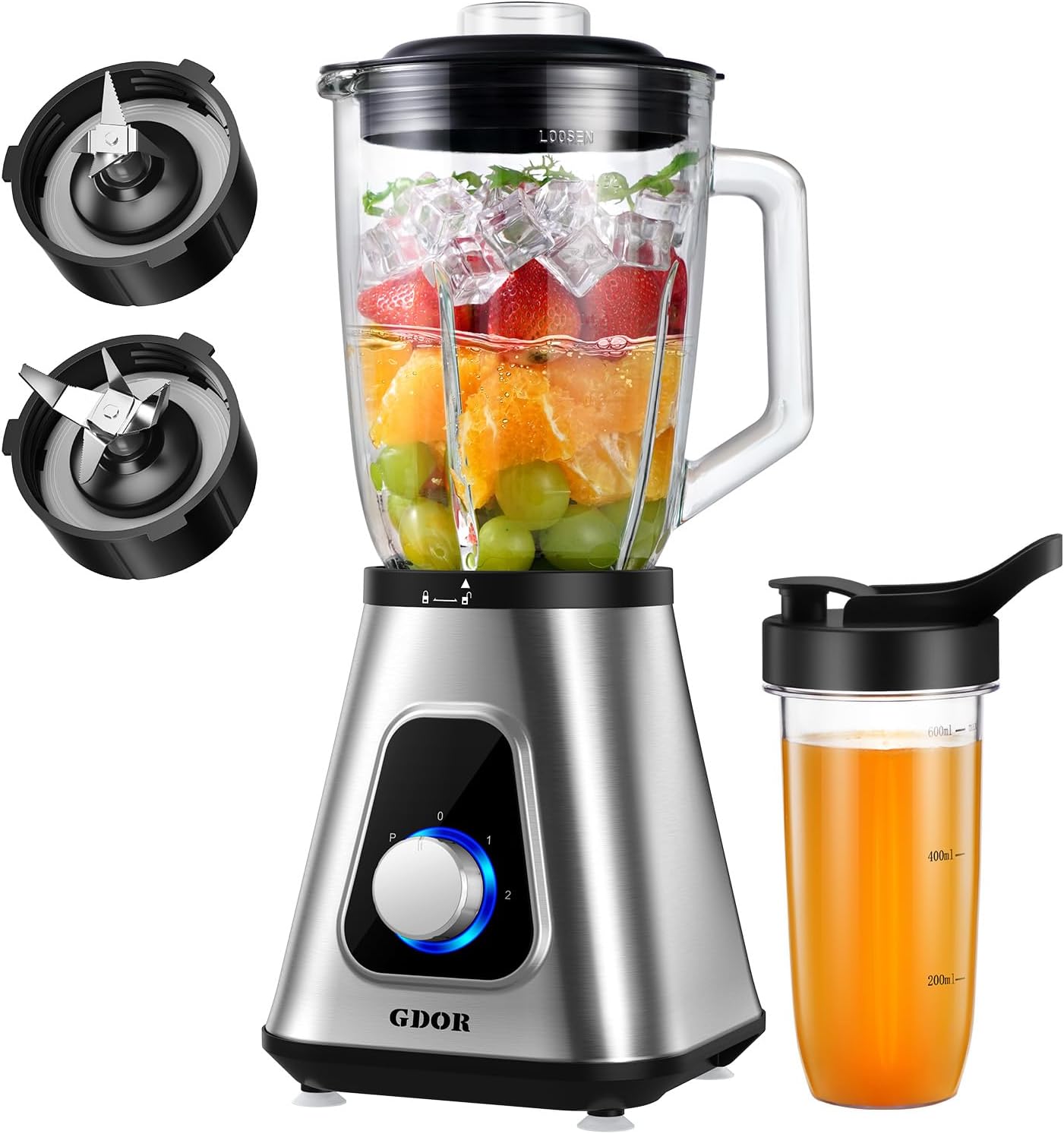 GDOR 1200 W Standmixer aus Glas, 2-1 Mixer, Smoothie-Maker mit 1,5 l Glaskrug und 650 ml Reisebecher, 3 Geschwindigkeiten, Hochleistungsmixer, professioneller Mixer für Smoothies, Shakes, gefrorene Getränke, Saucen