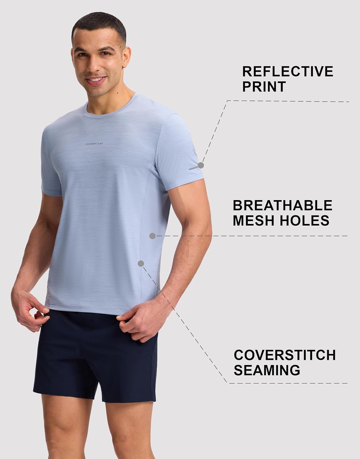 Pioneer Camp Sport-T-Shirts, atmungsaktives Laufshirt für Herren, schnell trocknendes Funktionsshirt, antibakteriell und geruchshemmend mit reflektierenden Streifen, ideal für Fitness, Training (Ballad Blue, L) – Bild 6