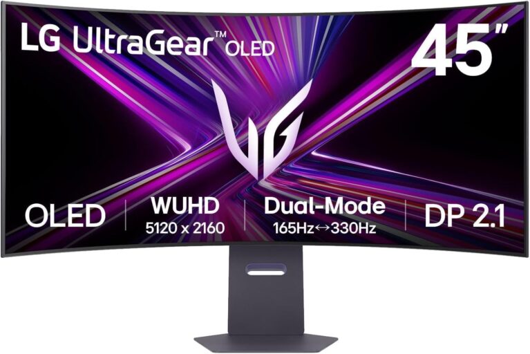 LG Ultragear 45GX950A-B.AEU (45 Zoll) 21:9 gebogener 800R 5K2K OLED-Gaming-Monitor, 165 Hz/330 Hz, AMD FreeSync Premium Pro, DisplayHDR True Black 400, 2X HDMI 2.1, Schwarz