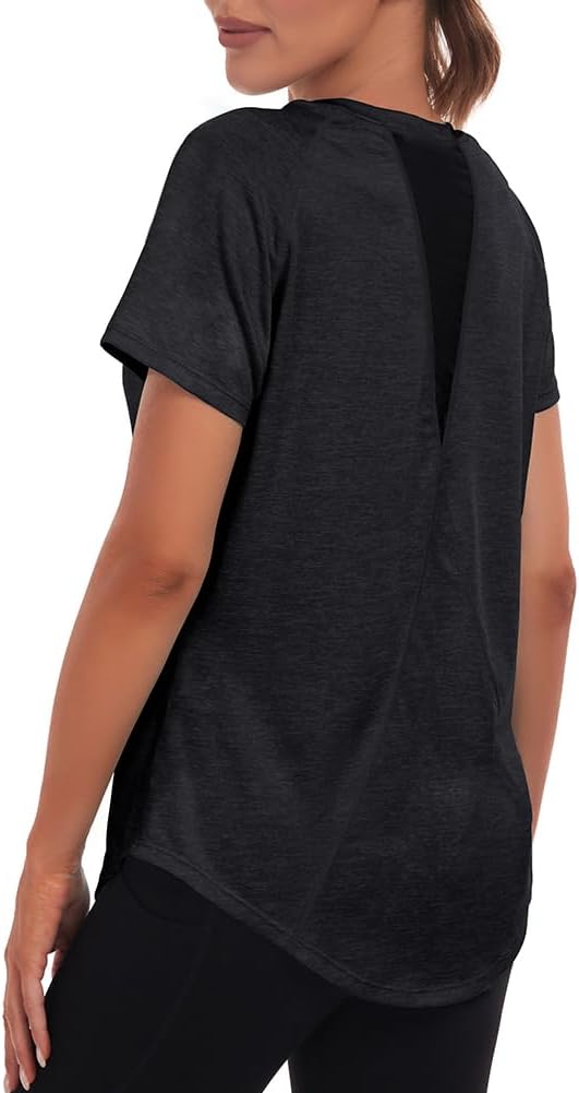 Jlowesun Damen-Sportoberteil, kurzärmelig, leicht, atmungsaktiv, funktionell, mit Mesh im Rücken, Rundhalsausschnitt, lang, geeignet für Fitness, Laufen, Yoga – Bild 4