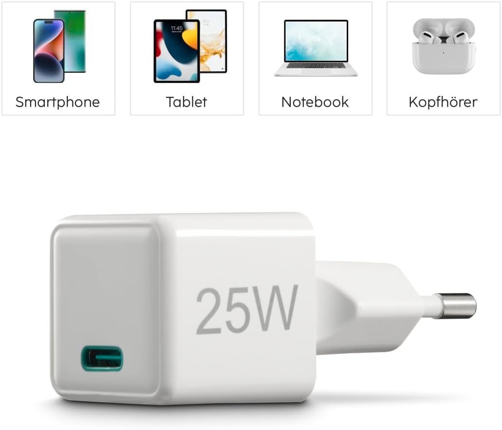 Hama Schnellladegerät mit USB-C, unterstützt Power Delivery und Qualcomm Quick Charge, 25 W, Super-Mini-Größe, 2,9 x 2,75 x 2,75 cm, ideal für Samsung – Weiß – Bild 6