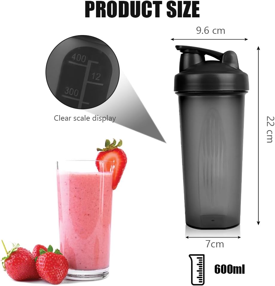 Protein Shaker, 600 ml Protein Shaker, Protein Shaker mit Messskala und Kugel, BPA-frei, auslaufsicher, langlebig, geruchsneutral Shake Cup, Shaker für cremiges Whey Protein Pulver (Schwarz + Lila) – Bild 2