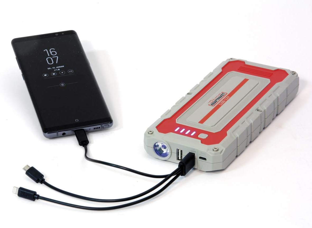 Dino KRAFTPAKET, 12V-1500A Starthilfe 59,2Wh, Auto-Starthilfe-Powerbank für Diesel-, Benzin- und Elektroautos, Blei-Säure-Gel-EFB-AGM-Batterie, für Auto, Motorrad, Boot, Transporter, Wohnmobil, E-Auto – Bild 4