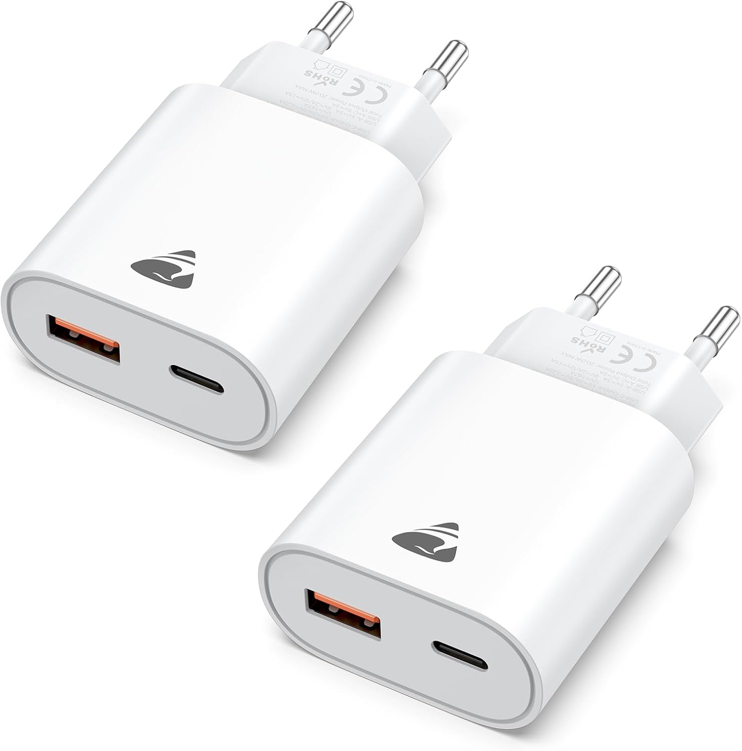 USB C Ladegerät, 2er Pack, 20W Schnellladegerät mit 2-fach USB Stecker (USB-C & USB-A), Handy Ladegerät mit PD 3.0 Power Adapter, USB Netzteil für iPhone Samsung, Schnellladegerät Typ C, Mehrfachladestecker