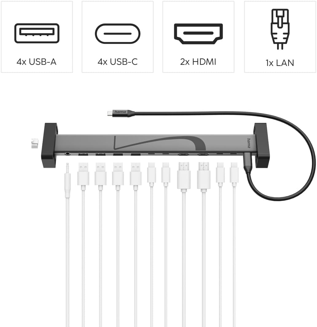 Hama USB-C-Dockingstation, 12 Anschlüsse (4 x USB A, 2 x USB C Daten, 1 x Monitor + Daten, 1 x Strom, 2 x HDMI, LAN/Ethernet, 3,5 mm Audio/AUX, MST, 4K, für Monitor, Festplatte etc.) – Bild 3