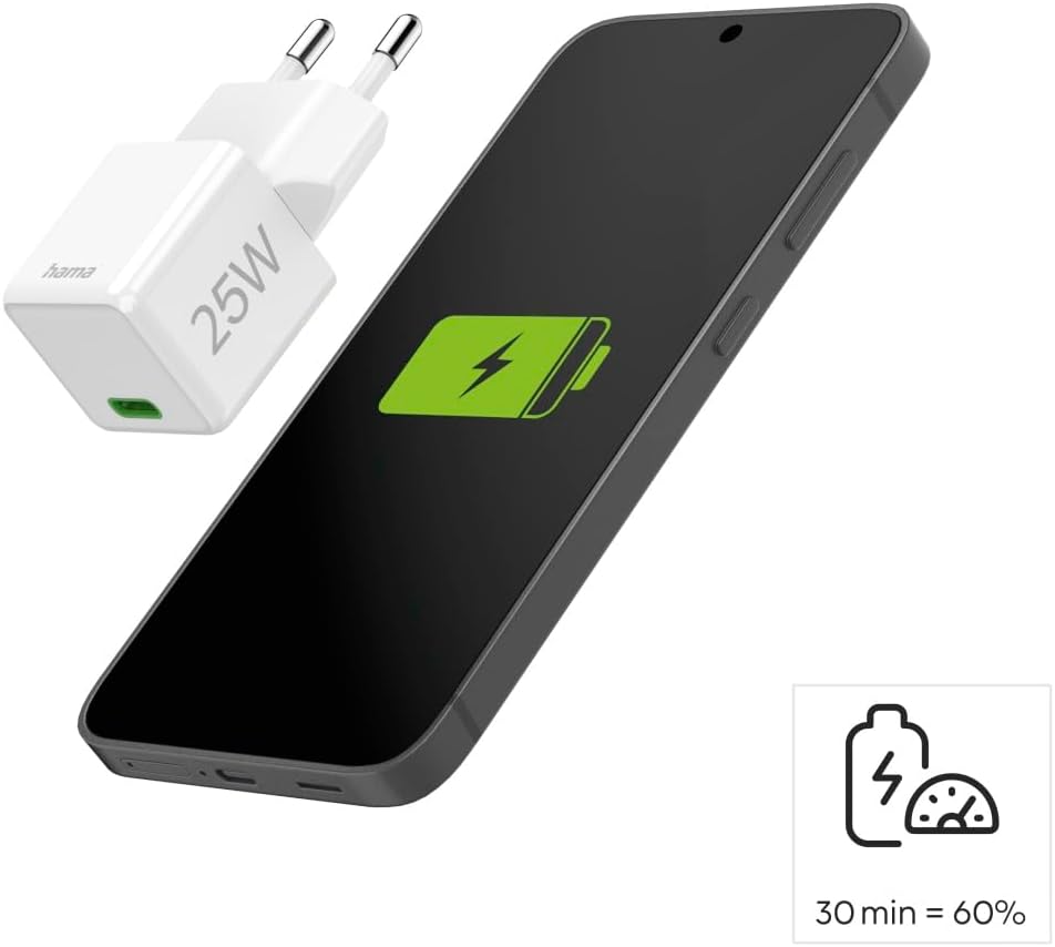 Hama Schnellladegerät mit USB-C, unterstützt Power Delivery und Qualcomm Quick Charge, 25 W, Super-Mini-Größe, 2,9 x 2,75 x 2,75 cm, ideal für Samsung – Weiß – Bild 4