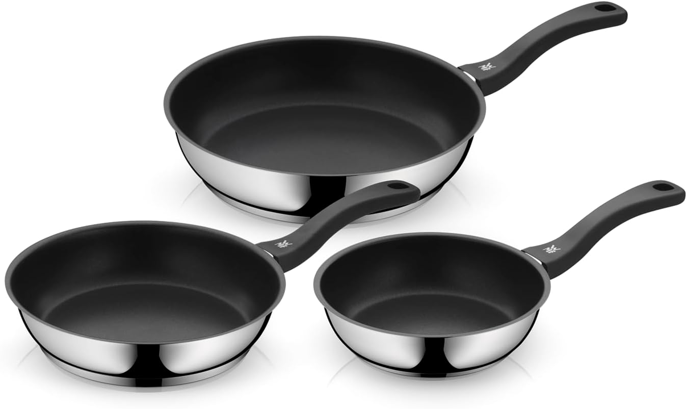 WMF Devil 3-teiliges Bratpfannenset beschichtet, Ø 20 / 24 / 28 cm, Cromargan Edelstahlbeschichtung, Keramikbratpfanne, Kunststoffgriff, induktionsgeeignet