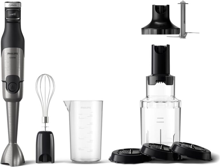Philips 5000 Serie Stabmixer, Leistungsstarker 1200-Watt-Motor, ProMix- + SpeedTouch-Technologie, One-Touch-Knopf, Spiralisierer-Aufsatz, Schwarz (HR2684/00)
