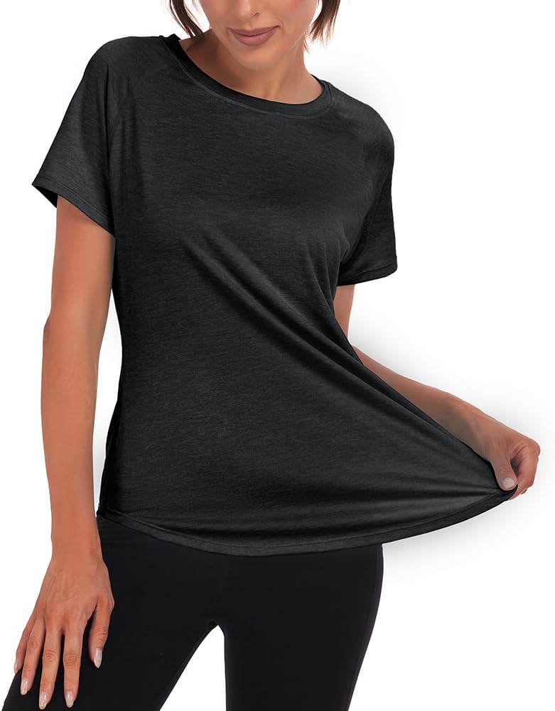 Jlowesun Damen-Sportoberteil, kurzärmelig, leicht, atmungsaktiv, funktionell, mit Mesh im Rücken, Rundhalsausschnitt, lang, geeignet für Fitness, Laufen, Yoga – Bild 3