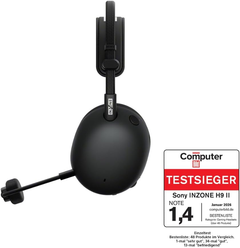 Sony INZONE H9 II Kabelloses PC-Gaming-Headset mit Geräuschunterdrückung, leicht, einstellbarer Sound-EQ, abnehmbares Nieren-KI-Mikrofon, 30-Stunden-Akku, 2,4 GHz und Bluetooth, inklusive Softcase, Schwarz – Bild 3