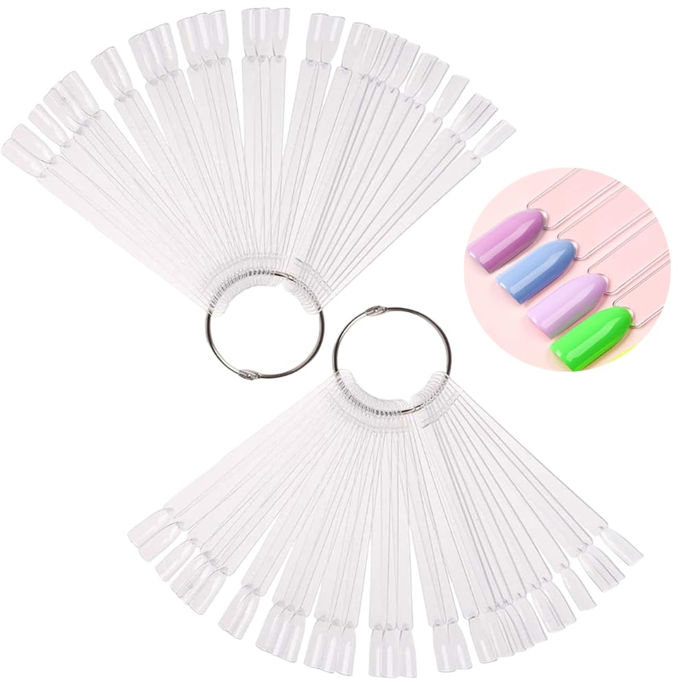 100 Stück Nagelproben, fächerförmige Nagelmuster-Sticks, Nagelfarben-Display-Tipps, transparente Kunst-Tipps, Farbstifte mit Metallring für Nagelstudio und Anfänger