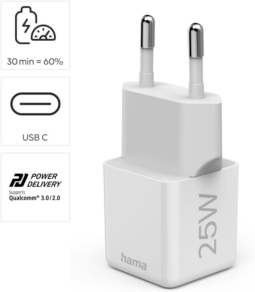 Hama Schnellladegerät mit USB-C, unterstützt Power Delivery und Qualcomm Quick Charge, 25 W, Super-Mini-Größe, 2,9 x 2,75 x 2,75 cm, ideal für Samsung – Weiß – Bild 2