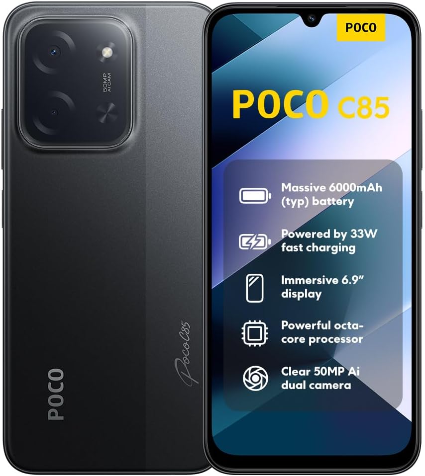 XIAOMI Poco C85, Smartphone 6+128 GB, Handy mit Android, 6,9 Zoll 120 Hz Display 7,99 mm Design, MediaTek Helio G81-Ultra Octa-Core, 50 MP AI Dual Kamera, 6000 mAh, Schwarz