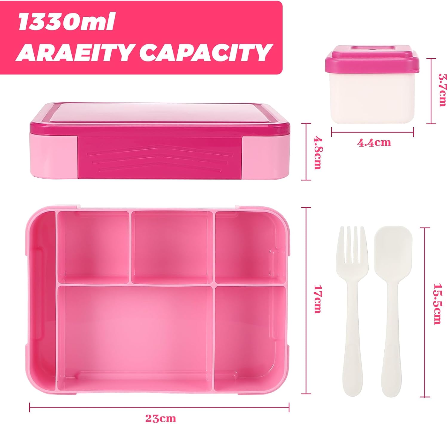 Sprifityy Kinder-Brotdose mit Fächern, 1330 ml, auslaufsichere Lunchbox, geeignet für Schule, Picknick, Reise-Brotdose, geeignet für Erwachsene, Mädchen & Jungen, mikrowellen-/spülmaschinenfest (rot) – Bild 2