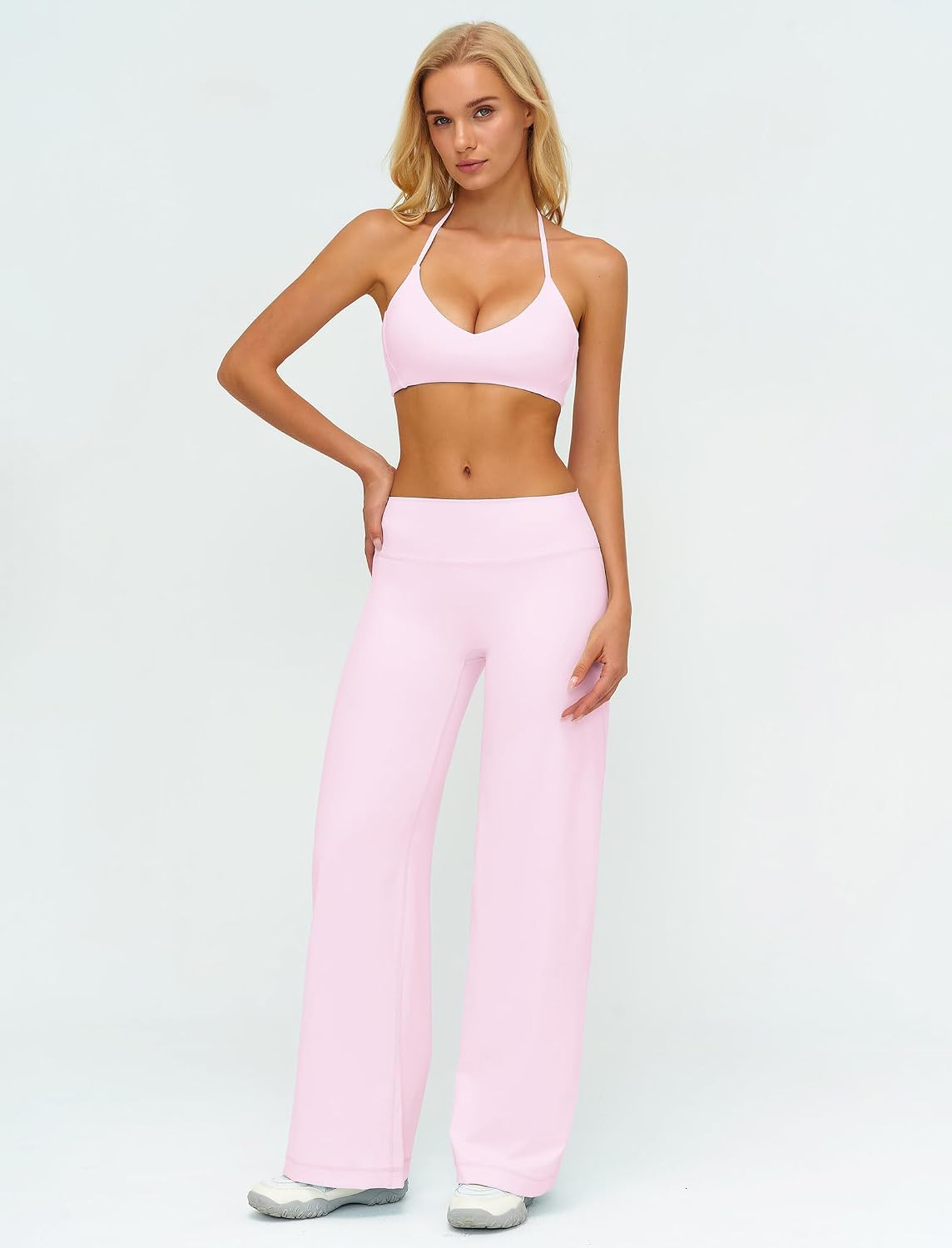 IDOPIP Sportset Damen Neckholder Zweiteiliges Rückenfreies Gym Set V-Ausschnitt Yogahose mit geradem Bein Sportanzug für Fitness Yoga Pilates Workout – Bild 4