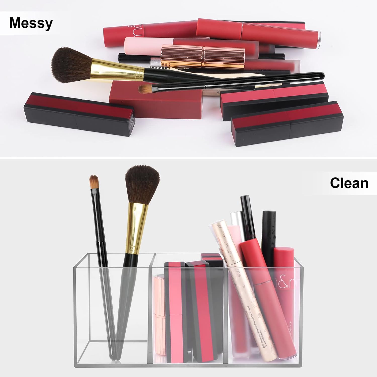 Acryl-Pinselhalter, 3 Fächer, Make-up-Organizer, transparenter Schminktisch-Organizer, Make-up-Organizer für Pinsel, Eyeliner, Lippenstift, Schminktisch-Zubehör-Aufbewahrung, es kann durchsucht werden, Stifthalter – Bild 5