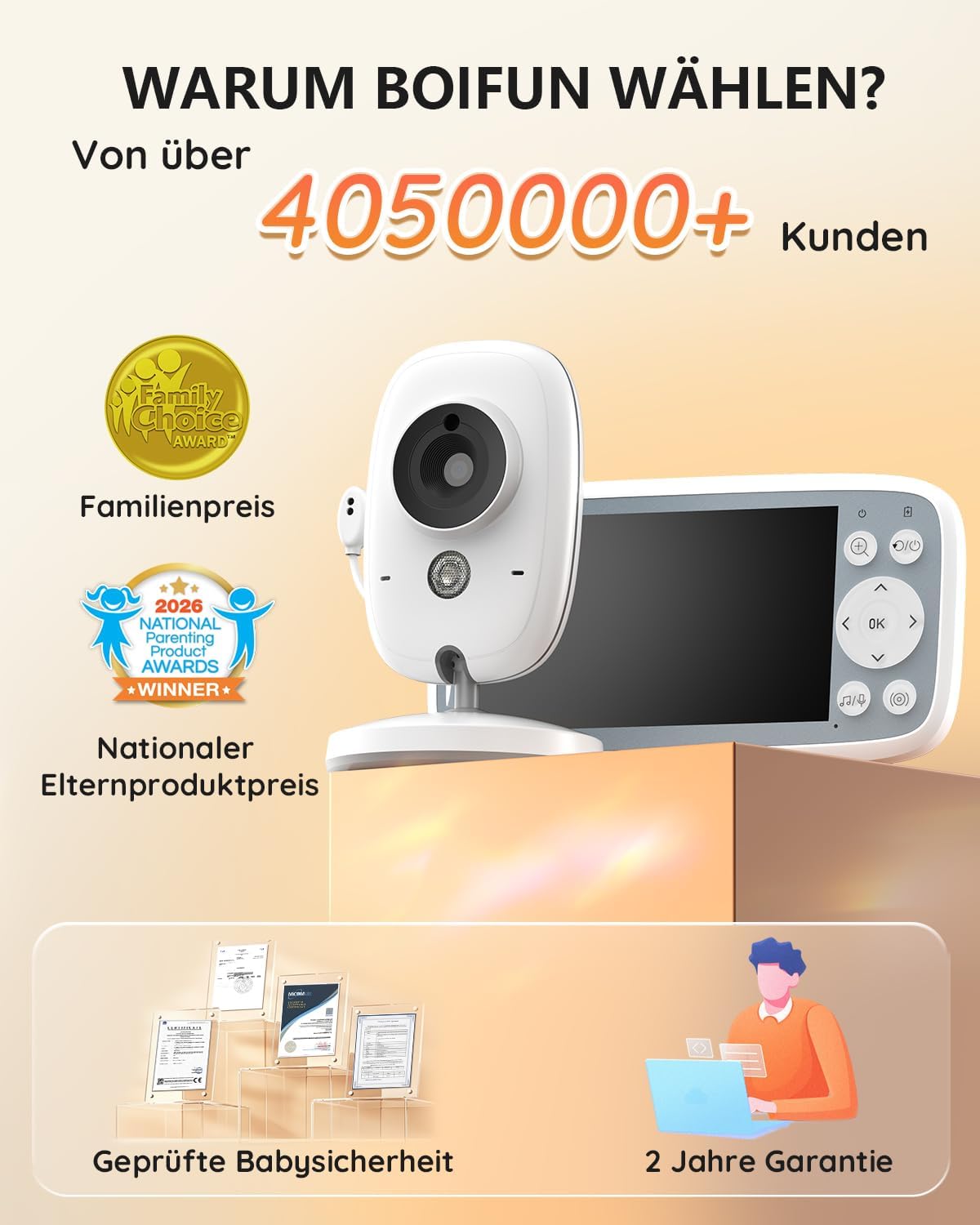 2026 BOIFUN Babyphone mit Kamera, 4-Zoll-720P-Monitor, kein WLAN, Nachtsicht, 10 Stunden Akkulaufzeit, 2-Wege-Audio, Geräuscherkennung, Temperaturerkennung, 3-facher Zoom, Schlaflieder – Bild 2