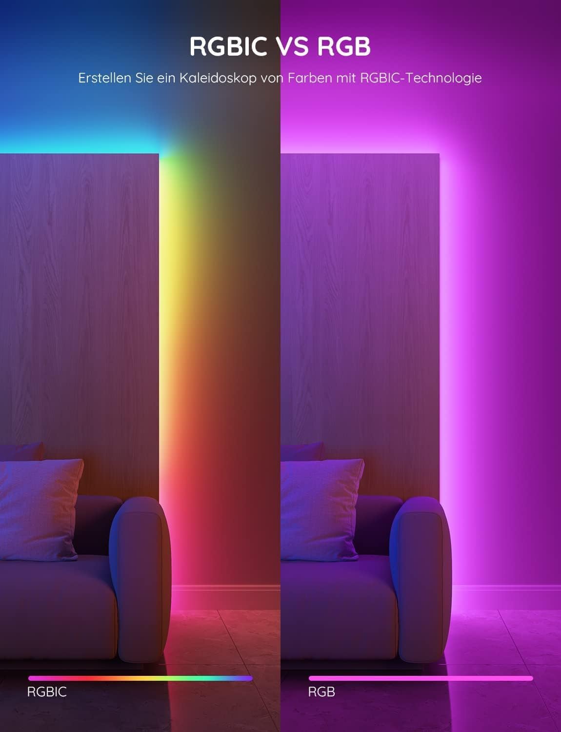 Govee LED-Streifen 20 m, RGBIC-LED-Streifen mit Segmentsteuerung, Musiksynchronisation, 64 Szenenmodi, steuerbar per App-Steuerung, Farbwechsel, geeignet für Zuhause, Schlafzimmer, 2 Rollen mit 10 m Streifen – Bild 3