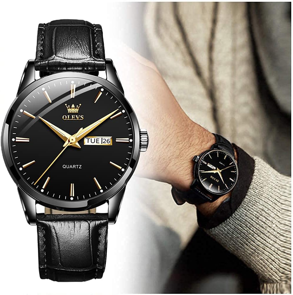 OLEVS Herrenuhren Braun Schwarz Lederarmband Quarzuhr Männer mit Wochentagsdatum Wasserdicht Leuchtend Klassisch Elegant Armbanduhr Geschenk – Bild 5