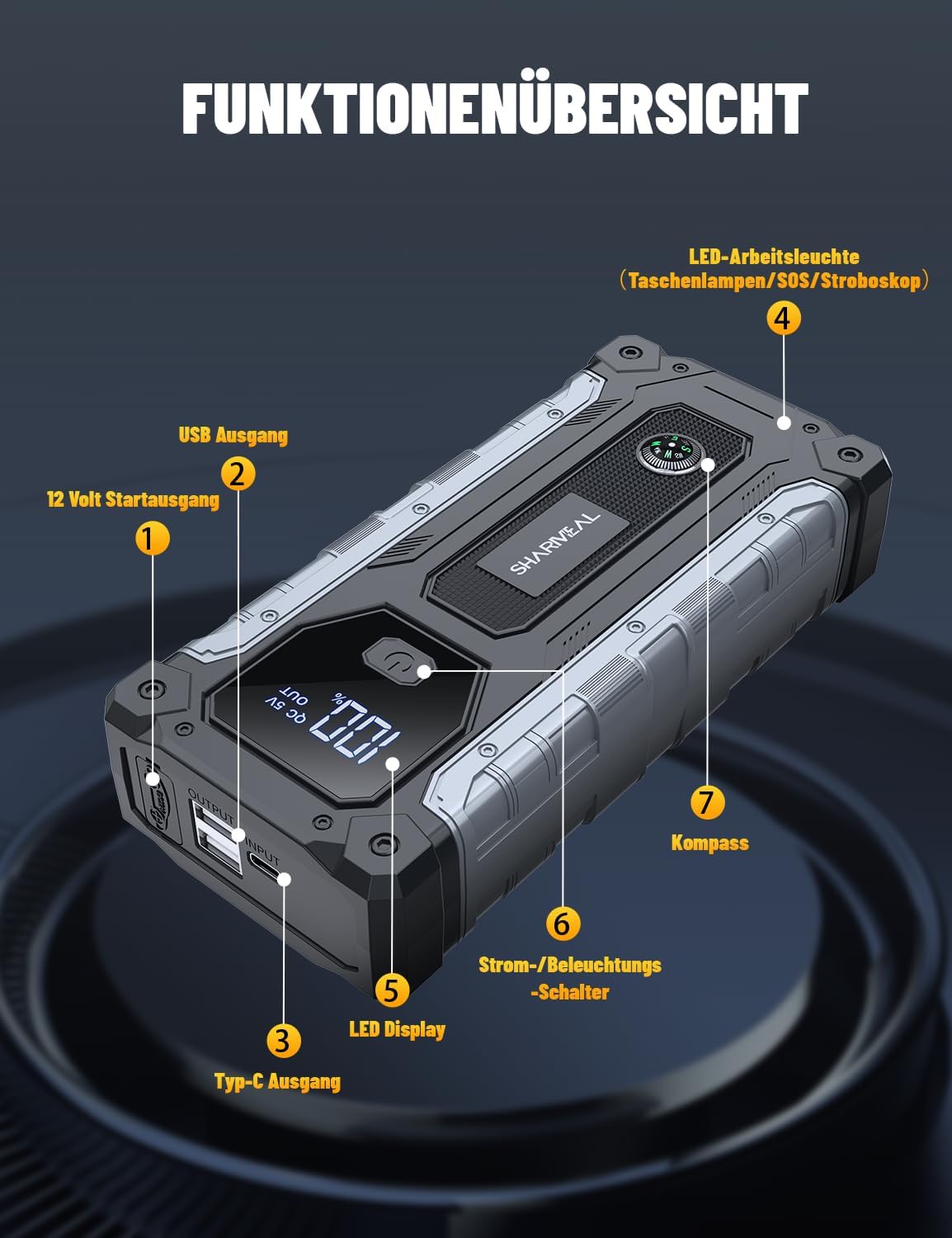 SHARMEAL 8000 A Starthilfe-Powerbank für Autos, 12-V-Auto-Starthilfe-Powerbank (für alle Benzinmotoren oder bis zu 10,0 l Diesel), Booster-Auto-Starthilfe mit LCD-Bildschirm und LED-Taschenlampe – Bild 6