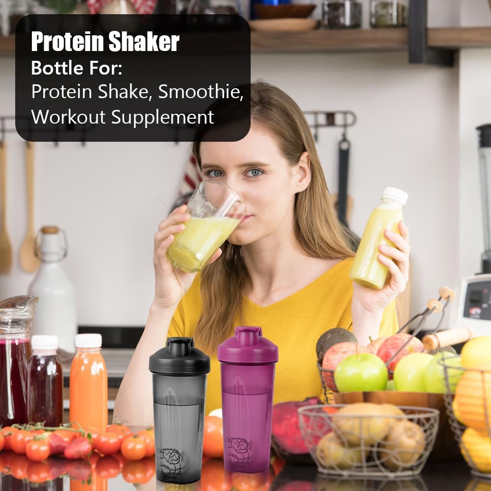 Protein Shaker, 600 ml Protein Shaker, Protein Shaker mit Messskala und Kugel, BPA-frei, auslaufsicher, langlebig, geruchsneutral Shake Cup, Shaker für cremiges Whey Protein Pulver (Schwarz + Lila) – Bild 6