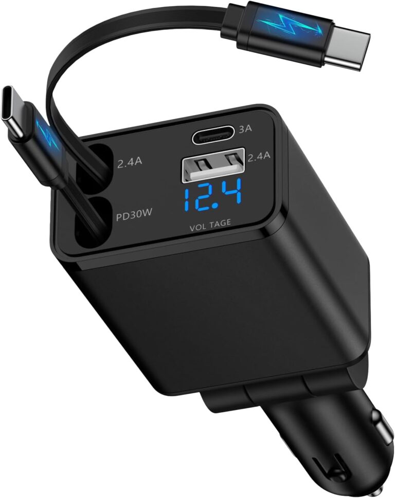 4 in 1 Zigarettenanzünder USB C, einziehbares Autoladegerät 12V USB-Adapter Auto-Schnellladegerät mit USB-C-Ladekabel für Samsung Galaxy S26 Ultra S25 S24 S23 S22 A56 A55 A36 A17 A16, iPhone 17 16 15