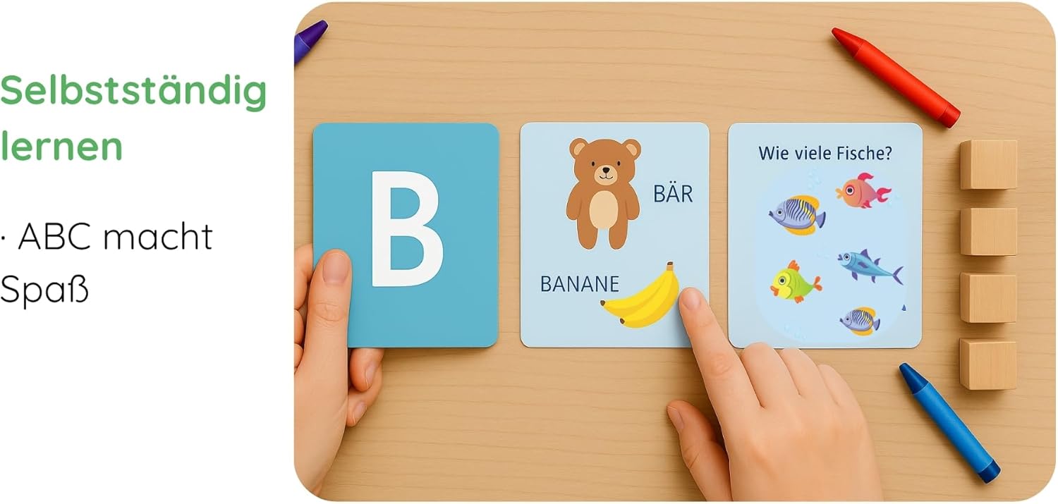 ABC & 123 Karteikarten – 60 Karten zum Buchstabenlernen, komplettes deutsches Alphabet & Zahlen 1-12 mit Bonus-Spielideen, Montessori-Lernkarten ab 3 Jahren für Vorschule & Kindergarten – Bild 3