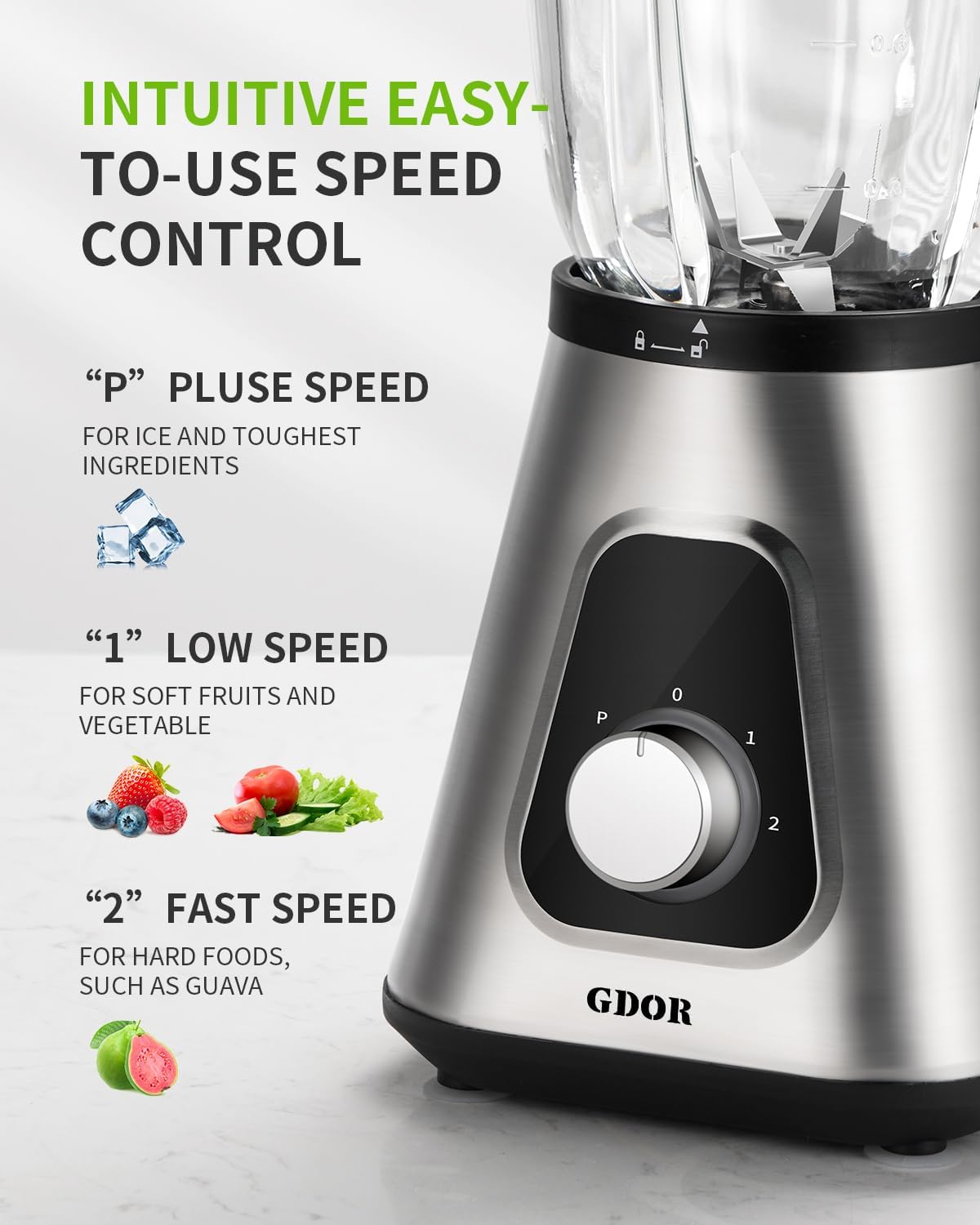 GDOR 1200 W Standmixer aus Glas, 2-1 Mixer, Smoothie-Maker mit 1,5 l Glaskrug und 650 ml Reisebecher, 3 Geschwindigkeiten, Hochleistungsmixer, professioneller Mixer für Smoothies, Shakes, gefrorene Getränke, Saucen – Bild 3