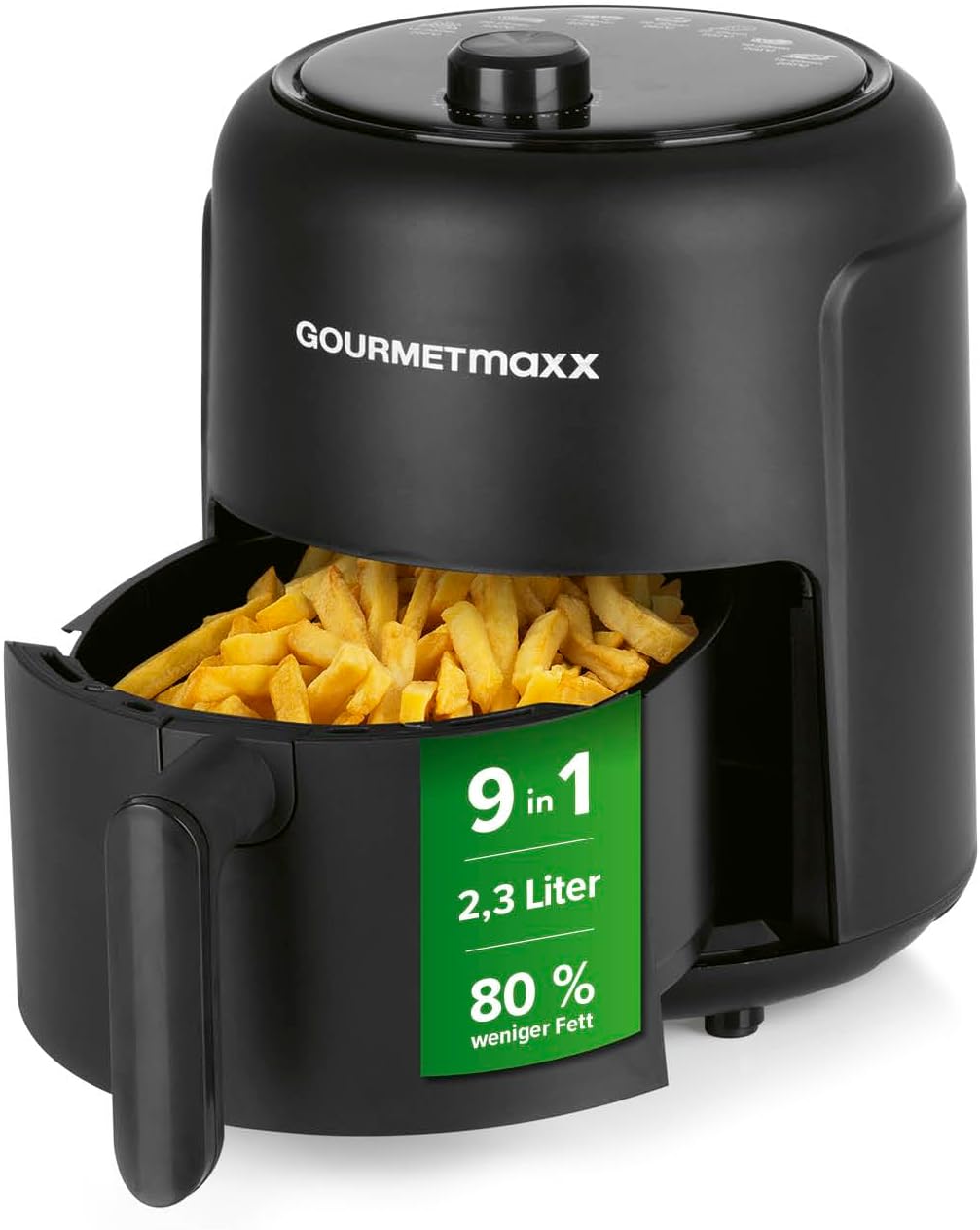 GOURMETmaxx Heißluftfritteuse 2,3 L | Airfryer mit 60-Minuten-Timer und 9 Funktionen, einschließlich Vorheizen und Warmhalten | Energiesparendes & geruchsarmes Frittieren – nahezu ohne Öl | 1000 W