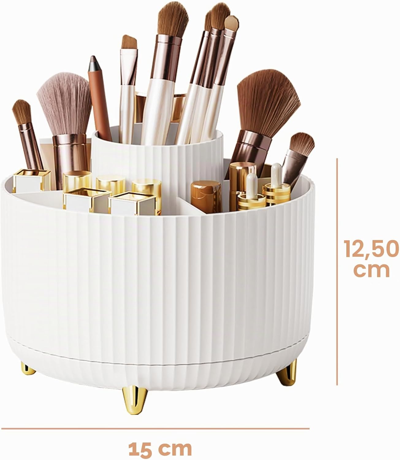 fanado 360° drehbarer Make-up-Organizer, Make-up-Pinselhalter, 5 Fächer für Make-up- und Hautpflege-Aufbewahrung, für Schminktisch, Schreibtisch, Badezimmer (weiß) – Bild 3