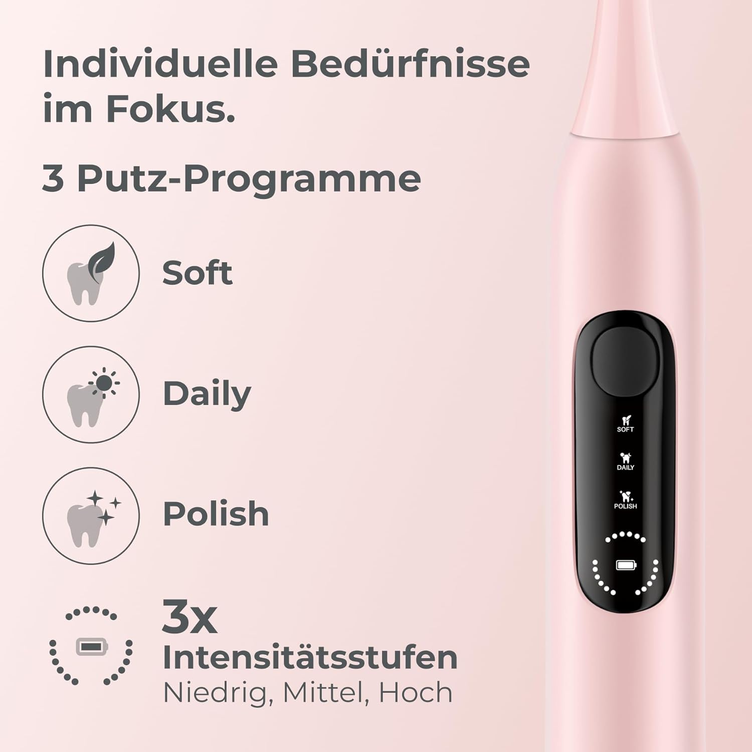 Schallzahnbürste P1 Pro Testsieger 2026 – Bestnote Sehr gut, Drucksensor schützt die Zähne, Ultraschall-Elektrozahnbürste, Perlmuttrosa – Bild 4